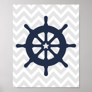 Blue Ship Wheel Nautical Nursery Poster