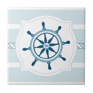 Blue ship wheel nautical stripes ceramic tile