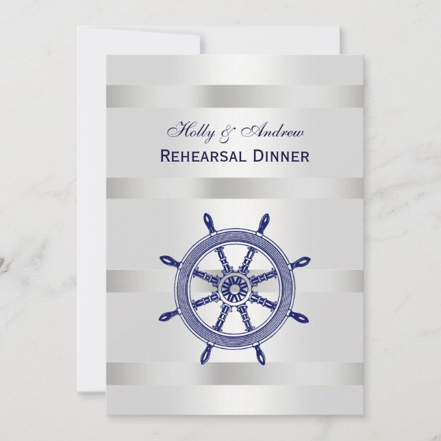 Blue Ship Wheel Silver Wht BG V Rehearsal Din Invitation (Front)