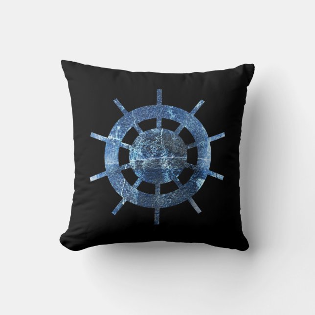 Blue Ship's Helm Rust Metal Throw Pillow (Front)