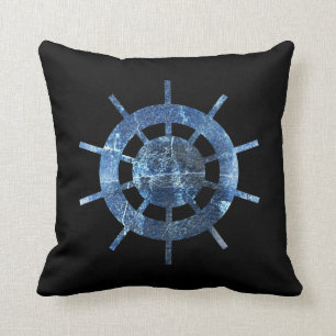 Blue Ship's Helm Rust Metal Throw Pillow