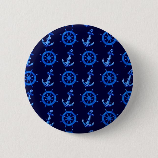 Blue Ships Wheel And Anchor 2 Inch Round Button (Front)