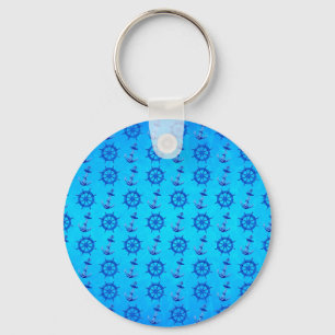 Blue Ships Wheel And Anchor Keychain