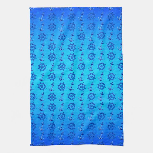 Blue Ships Wheel And Anchor Kitchen Towel (Vertical)