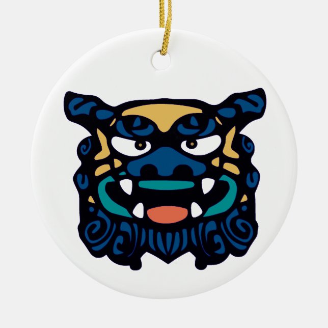 Blue Shisa Pair Ceramic Ornament (Front)