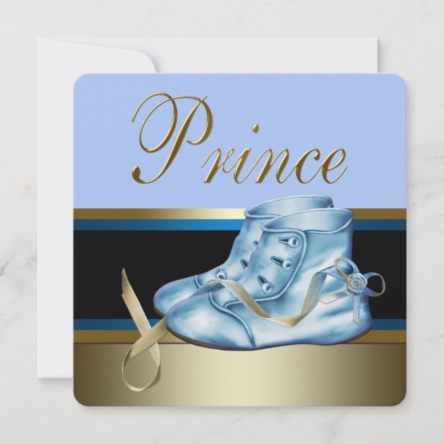 Blue Shoes Black Gold Crown Prince Baby Shower Invitation (Front)
