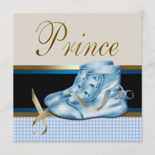 Blue Shoes Black Gold Crown Prince Baby Shower Invitation
