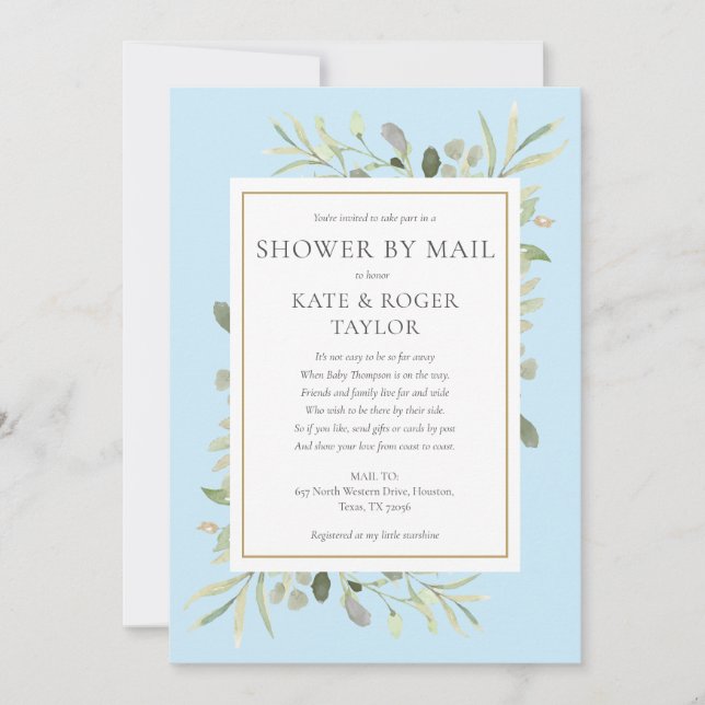 Blue Shower By Mail Long Distance Greenery Leaves Invitation (Front)