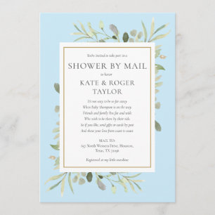 Blue Shower By Mail Long Distance Greenery Leaves Invitation