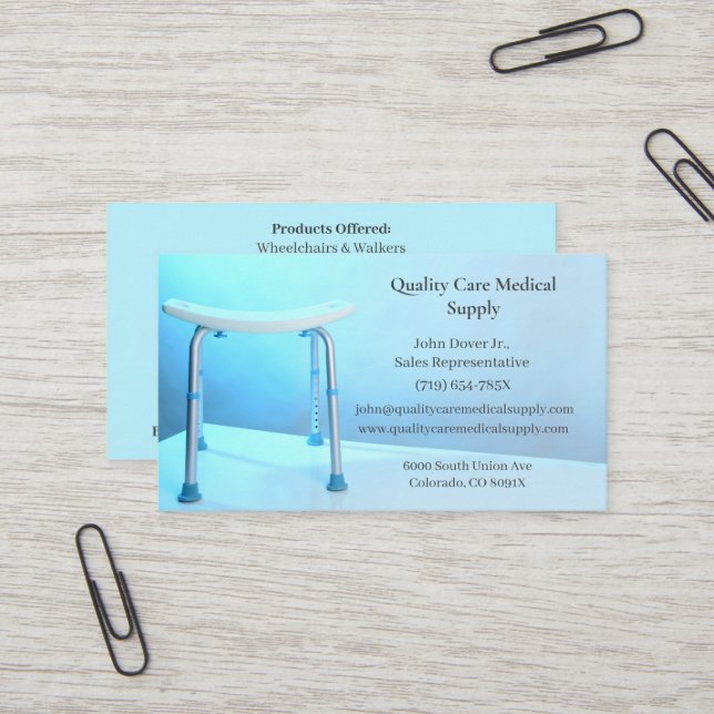 Blue Shower Chair Equipment Medical Senior Care Business Card (Front/Back In Situ)