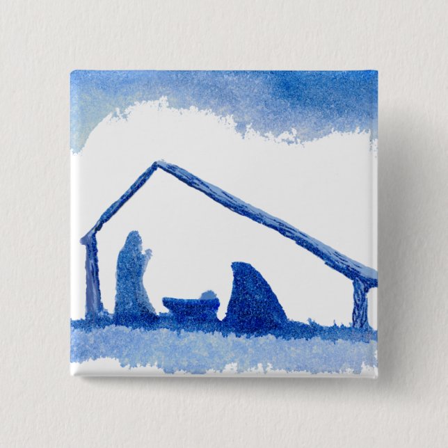 Blue Silhouette Nativity Scene 2 Inch Square Button (Front)