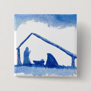 Blue Silhouette Nativity Scene 2 Inch Square Button