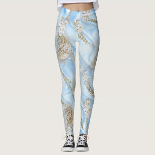 Blue Silk & Ivory Champaign Pearls Leggings
