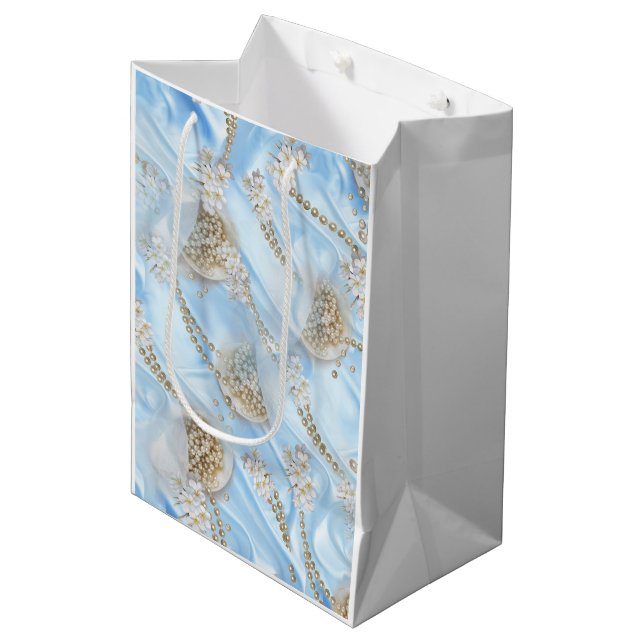 Blue Silk & Ivory Champaign Pearls Medium Gift Bag (Front Angled)