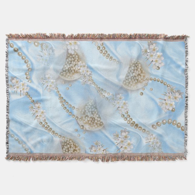Blue Silk & Ivory Champaign Pearls Throw Blanket (Front)
