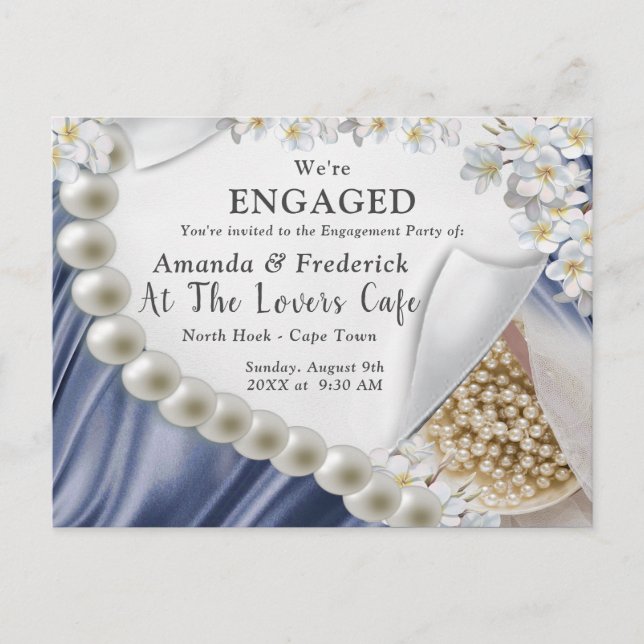 Blue Silk & Ivory Pearls Engagement Invitation Postcard (Front)