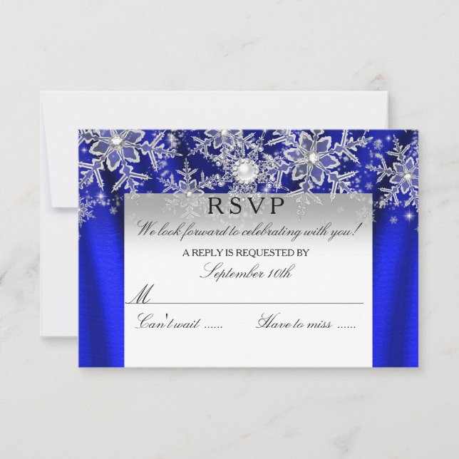 Blue Silk Pearl Snowflake Silver Winter RSVP Card (Front)