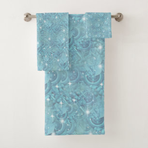 Blue silky repeat pattern & white sparkles bath towel set