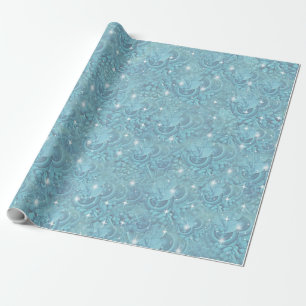 Blue silky repeat pattern & white sparkles wrapping paper