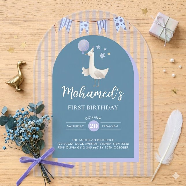 Blue Silly Goose Acrylic 1st Birthday Personalized Invitations (Creator Uploaded)