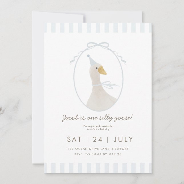 Blue Silly Goose First Birthday Invitation (Front)