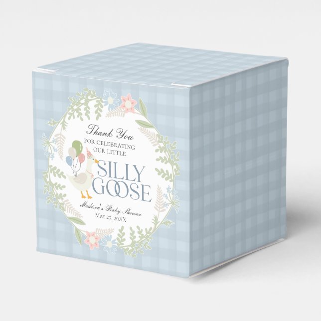 Blue Silly Goose Floral Gingham Baby Shower Favor Box (Front Side)