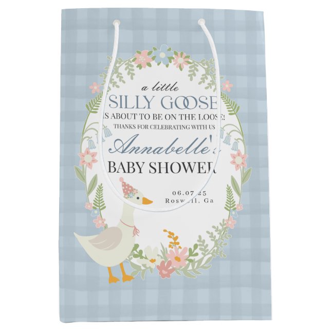 Blue Silly Goose Floral Gingham Baby Shower Favour Medium Gift Bag (Front)