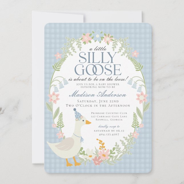 Blue Silly Goose Floral Gingham Baby Shower Invitation (Front)