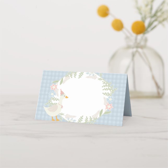 Blue Silly Goose Floral Gingham Baby Shower Place Card (Front)