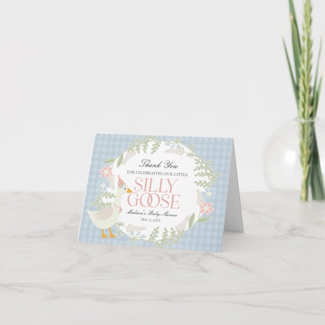 Blue Silly Goose Floral Gingham Baby Shower Thank You Card (Front)