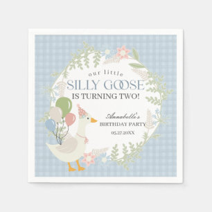 Blue Silly Goose Floral Gingham Birthday Napkin