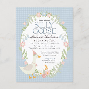 Blue Silly Goose Floral Gingham Birthday Party Postcard