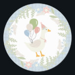 Blue Silly Goose Floral Gingham Favours Classic Round Sticker<br><div class="desc">A silly goose is almost on the loose. This Silly Goose Party Decor Collection is perfect for celebrating your sweet little girl! Featuring an adorable silly goose, pastel florals, and soft gingham patterns, this collection is perfect for adding a touch of playful elegance to any party. Whether it’s for a...</div>