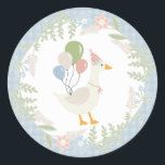 Blue Silly Goose Floral Gingham Favours Classic Round Sticker<br><div class="desc">A silly goose is almost on the loose. This Silly Goose Party Decor Collection is perfect for celebrating your sweet little girl! Featuring an adorable silly goose, pastel florals, and soft gingham patterns, this collection is perfect for adding a touch of playful elegance to any party. Whether it’s for a...</div>
