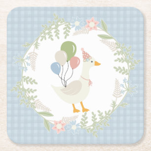 Blue Silly Goose Floral Gingham Paper Square Paper Coaster