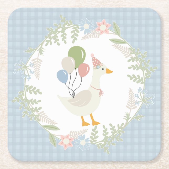 Blue Silly Goose Floral Gingham Paper Square Paper Coaster (Front)