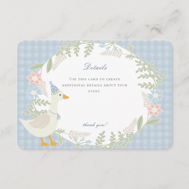 Blue Silly Goose Gingham Floral Details Enclosure Card (Front)