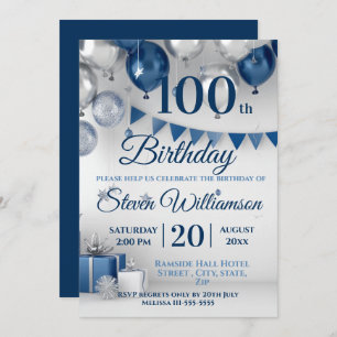 Blue Silver 100th Birthday Invitation