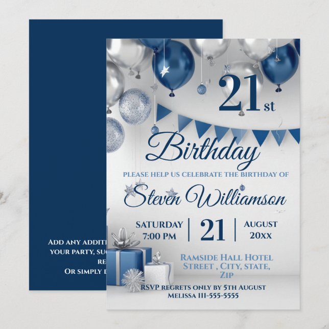 Blue Silver 21st Birthday Invitation (Front/Back)