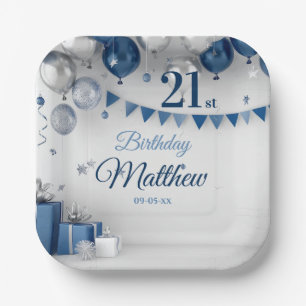 Blue Silver 21st Birthday Paper Plate