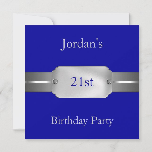 Blue Silver 21st Elegant Male Birthday Party Invitation (Front)