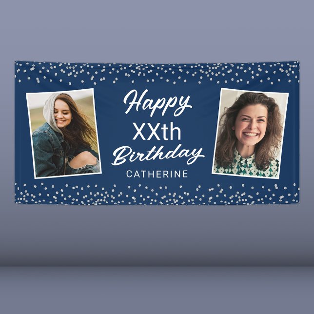 Blue Silver 2 Photo Any Age Happy Birthday Banner (Creator Uploaded)