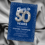 Blue Silver 50th Birthday Invitation<br><div class="desc">Elegant fiftieth birthday party invitation featuring a stylish blue background that can be changed to any colour,  silver sparkly glitter,  fifty silver hellium balloons,  and a modern 50th birthday celebration text template that is easy to personalize.</div>