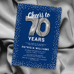 Blue Silver 70th Birthday Invitation<br><div class="desc">Elegant seventieth birthday party invitation featuring a stylish blue background that can be changed to any colour,  silver sparkly glitter,  seventy silver hellium balloons,  and a modern 70th birthday celebration text template that is easy to personalize.</div>