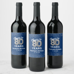 Blue Silver 80th Birthday Vin Étiquette