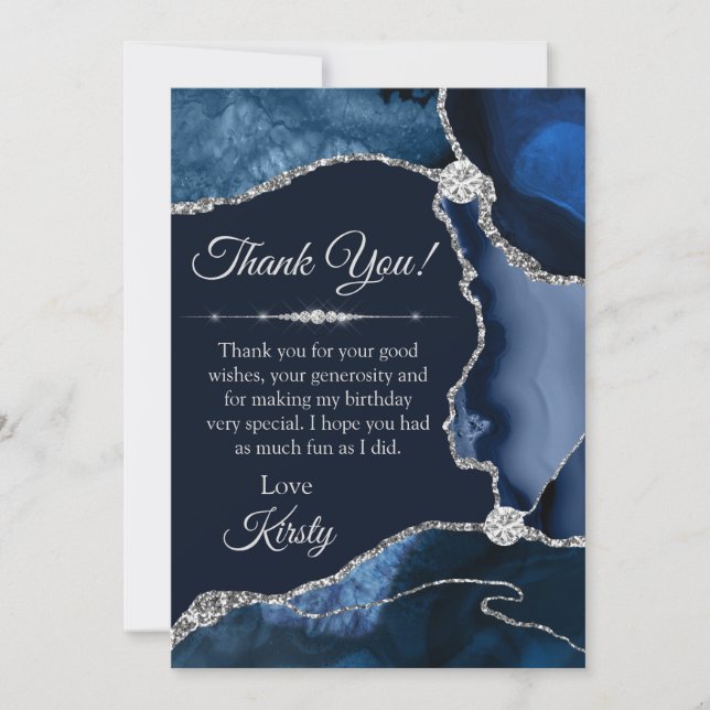 Blue Silver Agate Geode Birthday Thank You Card (Front)