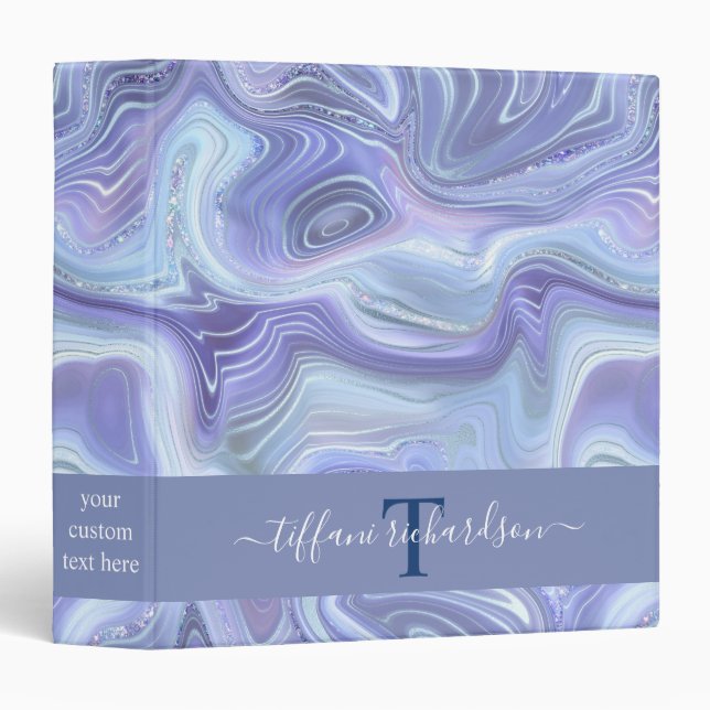 Blue Silver Agate Geode Monogram Script Name Binder (Front/Spine)