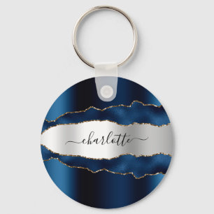 Blue silver agate marble name script keychain