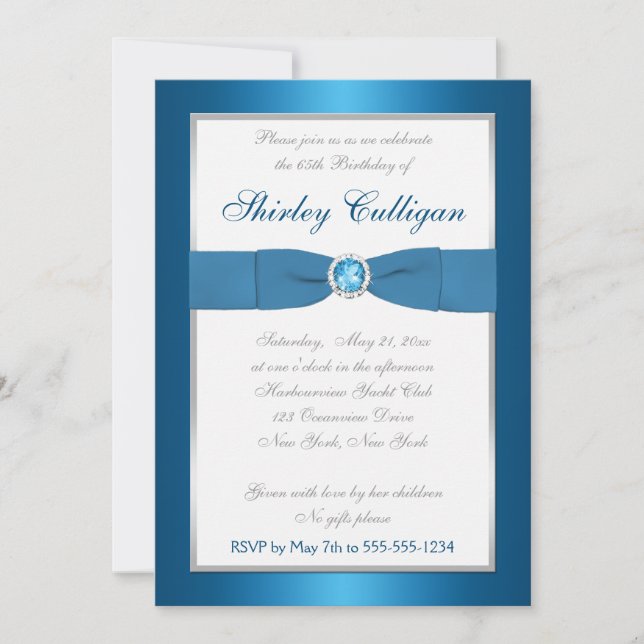 Blue, Silver, and White 65th Birthday Invitation (Front)