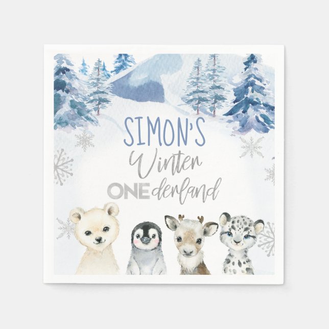 Blue Silver Arctic Winter Onederland Birthday  Napkin (Front)